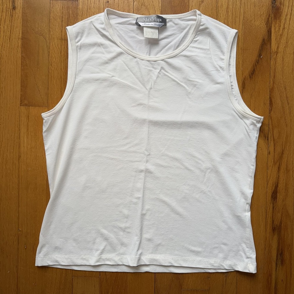 Max Mara Tank Top XL White Scoop Neck Stretch Jersey Basic Minimalist Made Italy